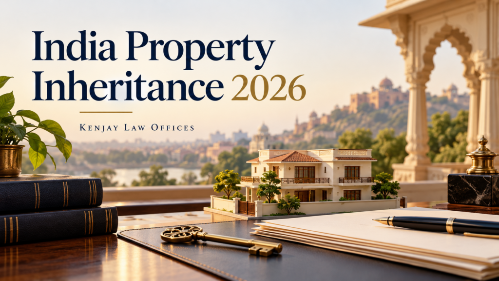 India property inheritance law guide with a model home, keys, and estate documents
