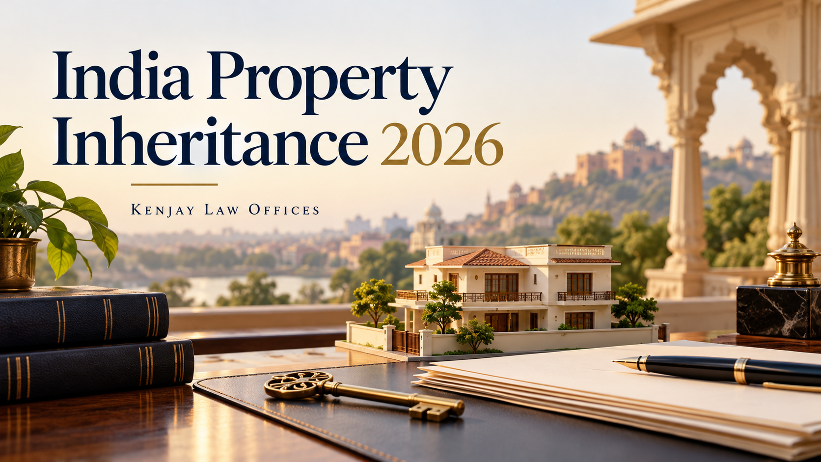 India property inheritance law guide with a model home, keys, and estate documents
